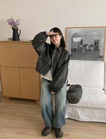 Fukui Pocket String Crop Leather Jumper